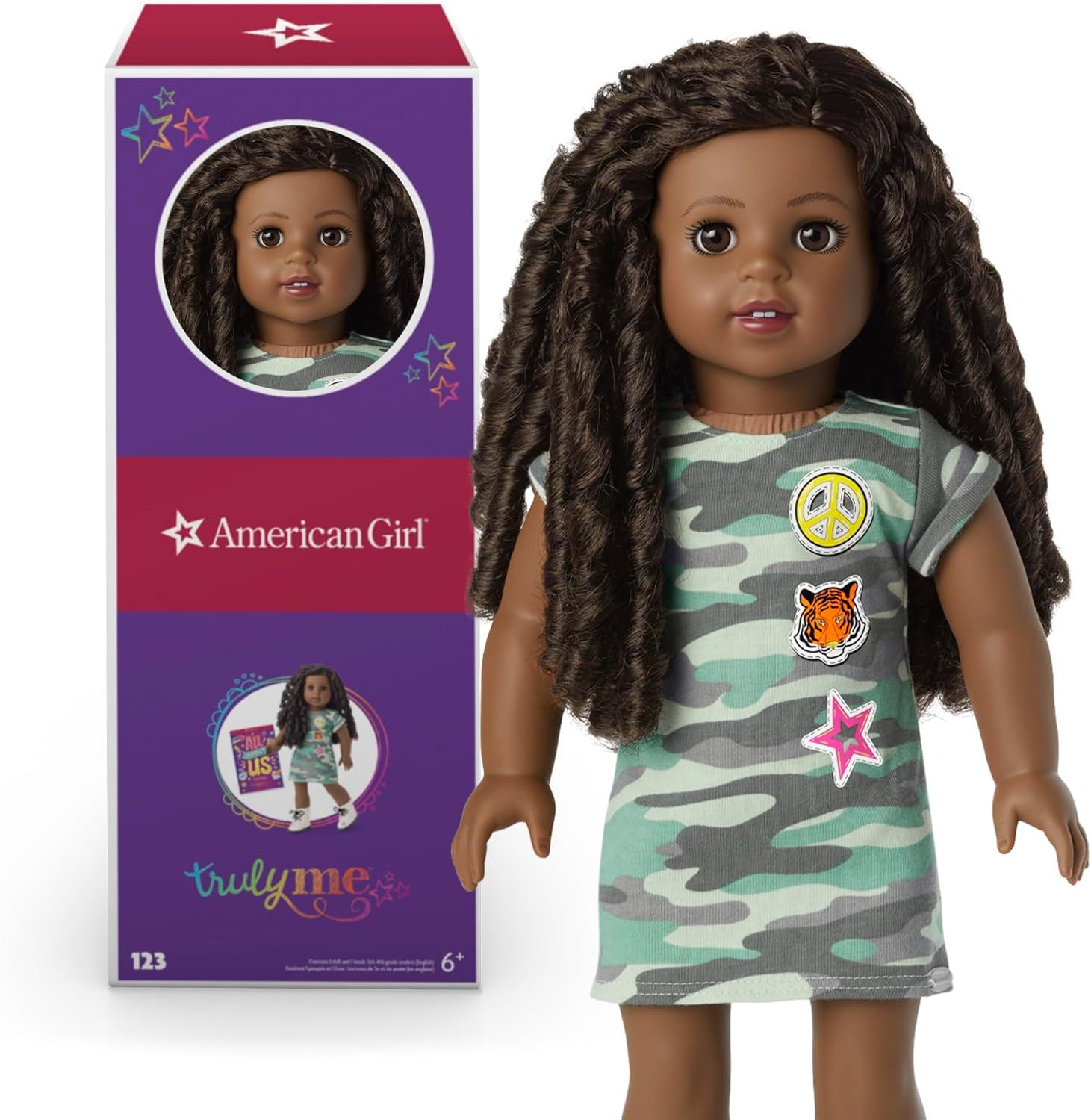 American Girl - Brandclub - American Girl Truly Me 18-inch Doll #123 with  Brown Eyes, Black-Brown Tendrils, Deep Skin, Camo T-shirt Dress, For Ages 6+