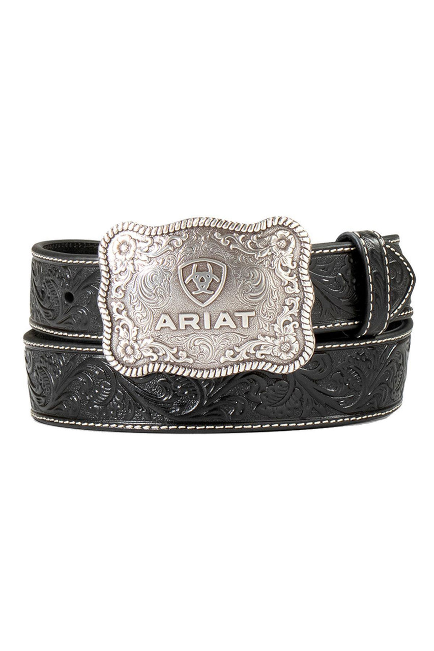 Ariat Men's Leather Floral Embossed Western Belt - Black