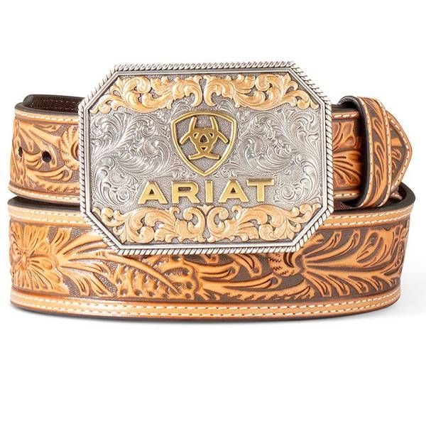 ARIAT Men's Floral Embossed Belt with Logo Buckle