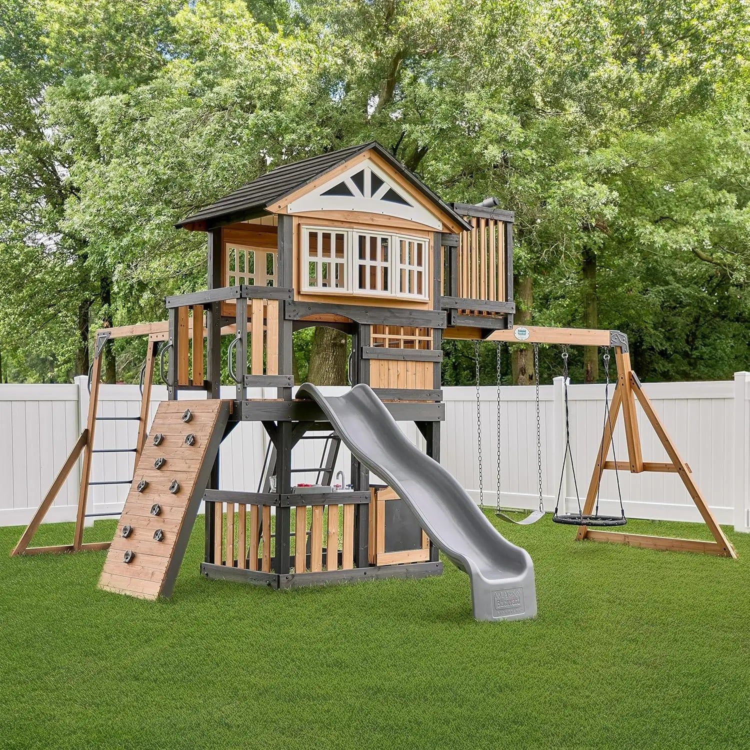 Rosewood Falls Cedar Wood Swing Set with Monkey Bars, Clubhouse, Crow's Nest, Play Kitchen, Wave Slide, Rock Wall, Belt Swings, - United States