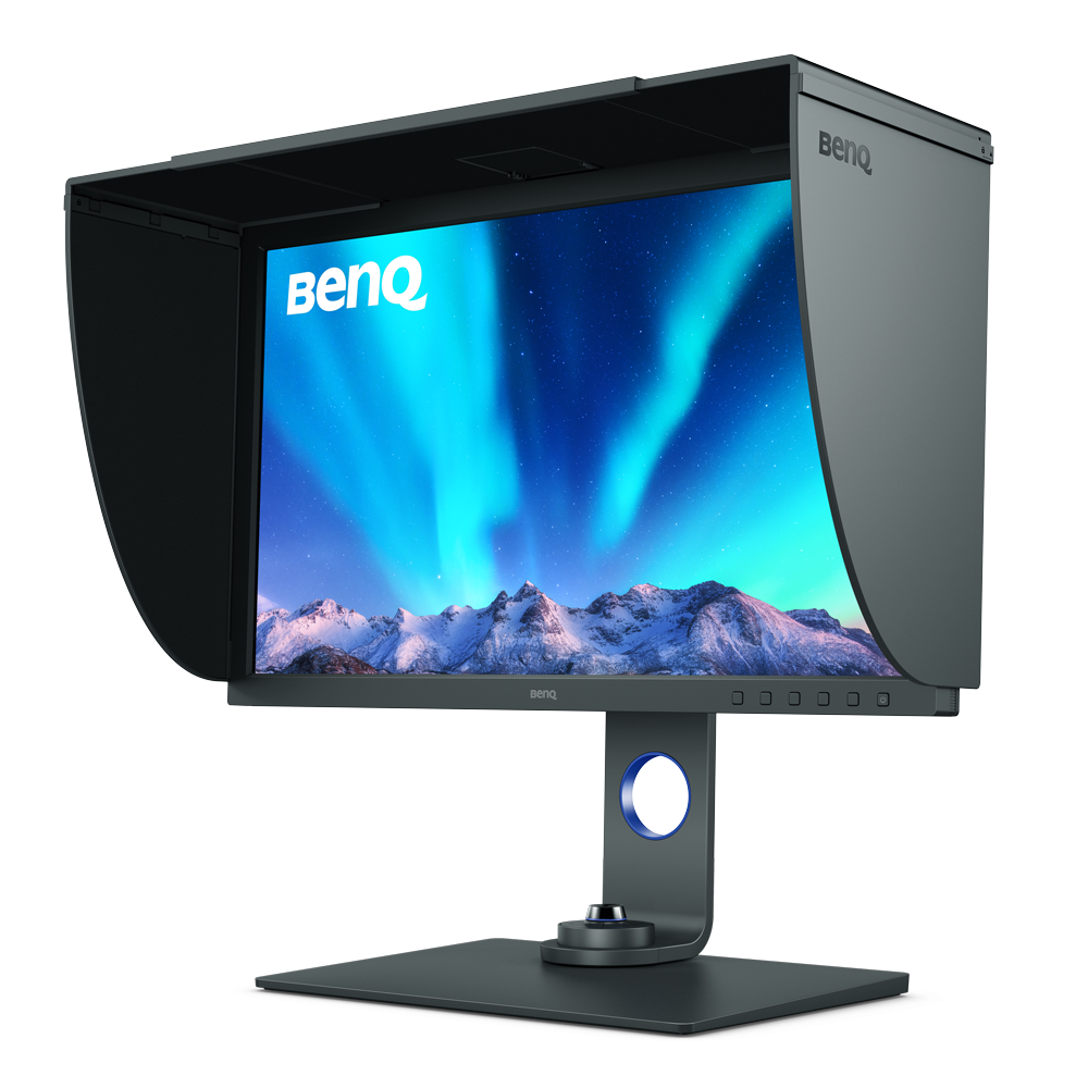 BenQ SW271C official product shot (with hood, 3/4 view)