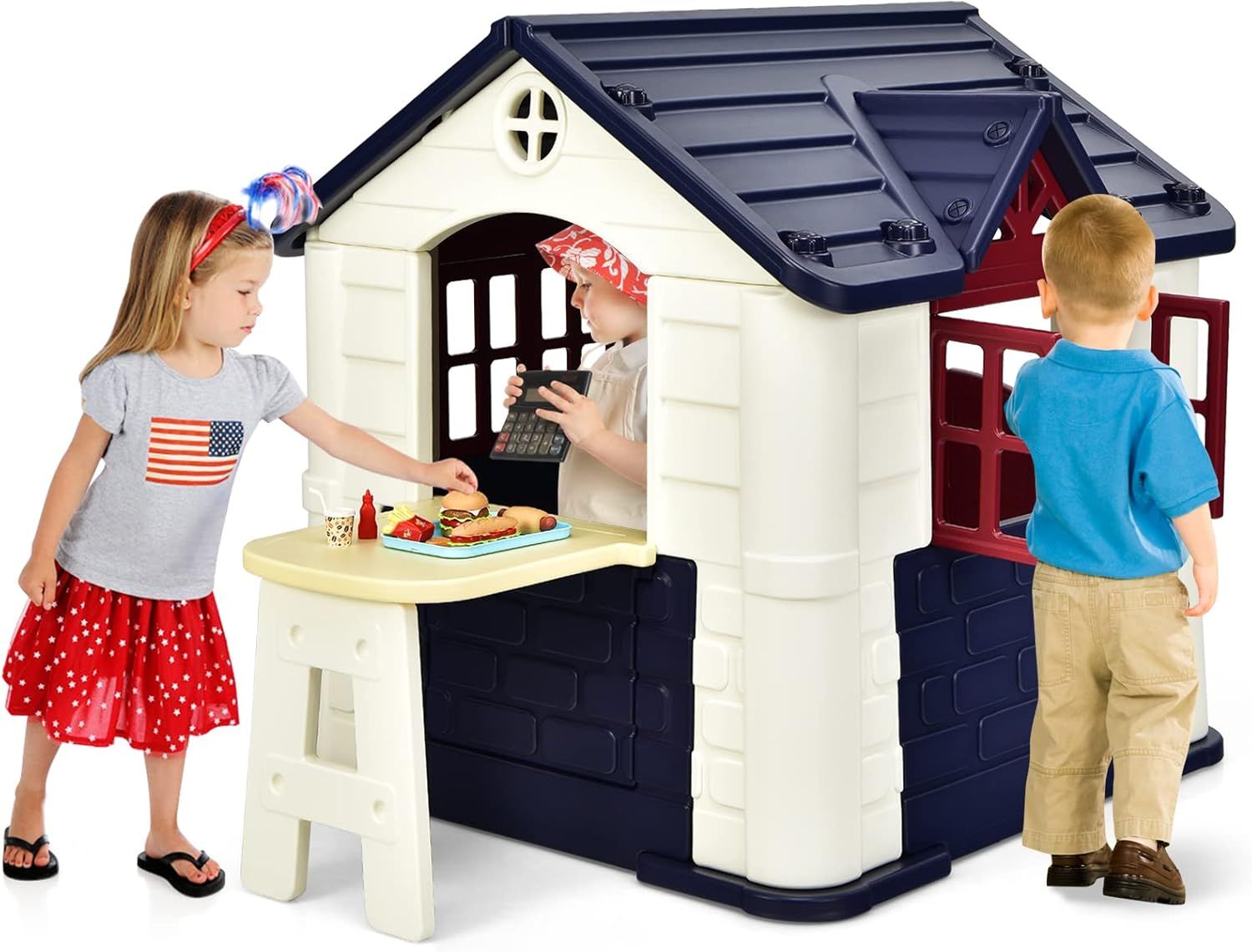 Costzon Playhouse for Kids, Outdoor Garden Games Cottage w/Working Doors & Windows, Pretend Toy House w/Picnic Table, 7 PCS Toy Set & Tray, Waterproof Cover, Gift for Boys & Girls Ages 3+ (Blue)