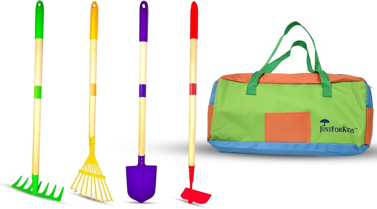10019 JustForKids Kids Garden Tool Set, detachable, Portable 4-Piece Multicolored Set for Gardening, with Travel Bag, Ages 5+