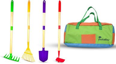10019 JustForKids Kids Garden Tool Set, detachable, Portable 4-Piece Multicolored Set for Gardening, with Travel Bag, Ages 5+