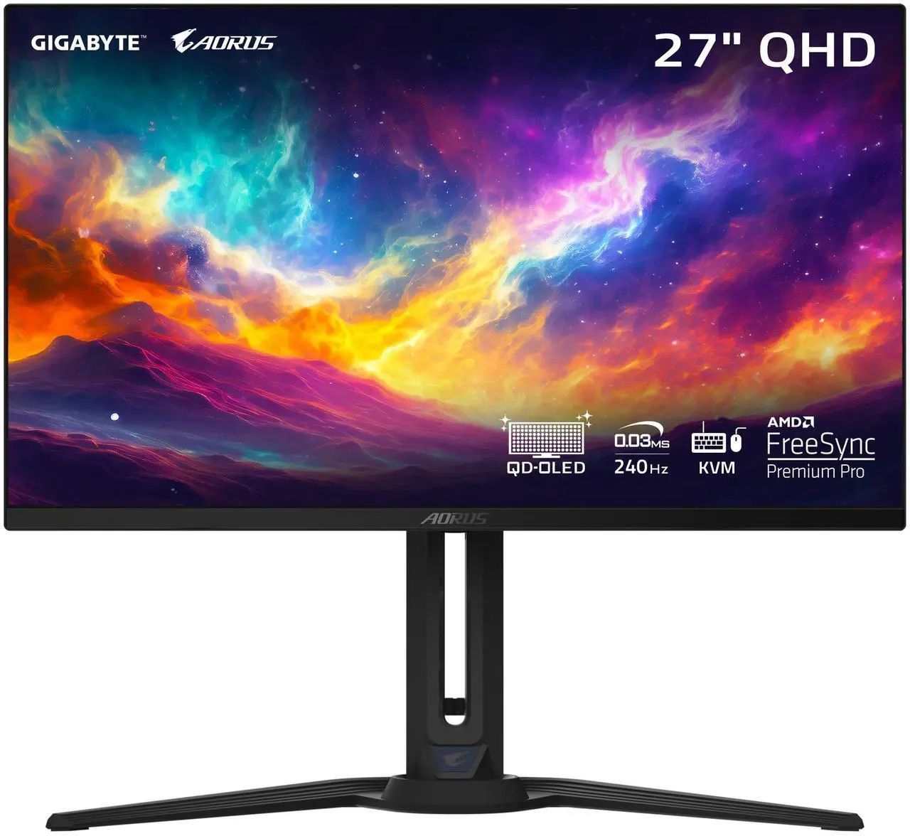 GIGABYTE AORUS FO27Q3 (front angled, Newegg)