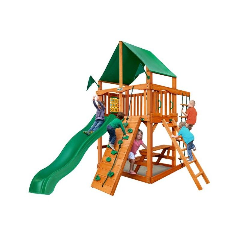 Gorilla Chateau Tower Cedar Wood Swing Set KIt  w/ Amber Posts & Deluxe Green Vinyl Canopy - Amber (01-0061-AP-1)