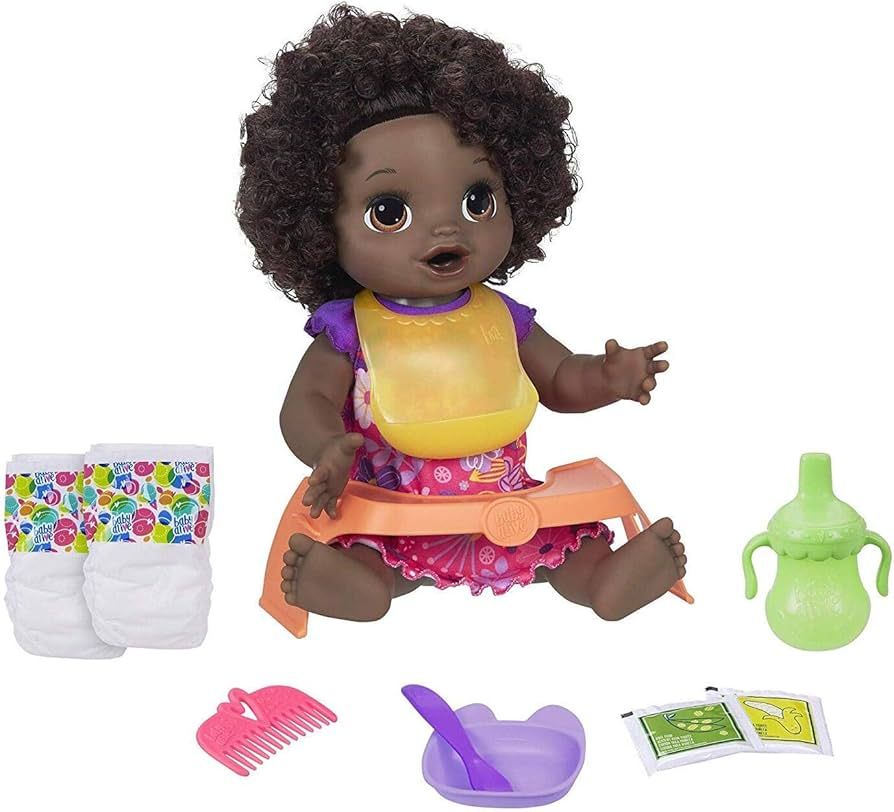 Amazon.com: Baby Alive Happy Hungry Baby Black Curly Hair Doll, Makes 50+  Sounds & Phrases, Eats & Poops, Drinks & Wets, for Kids Age 3 & Up : Toys &  Games