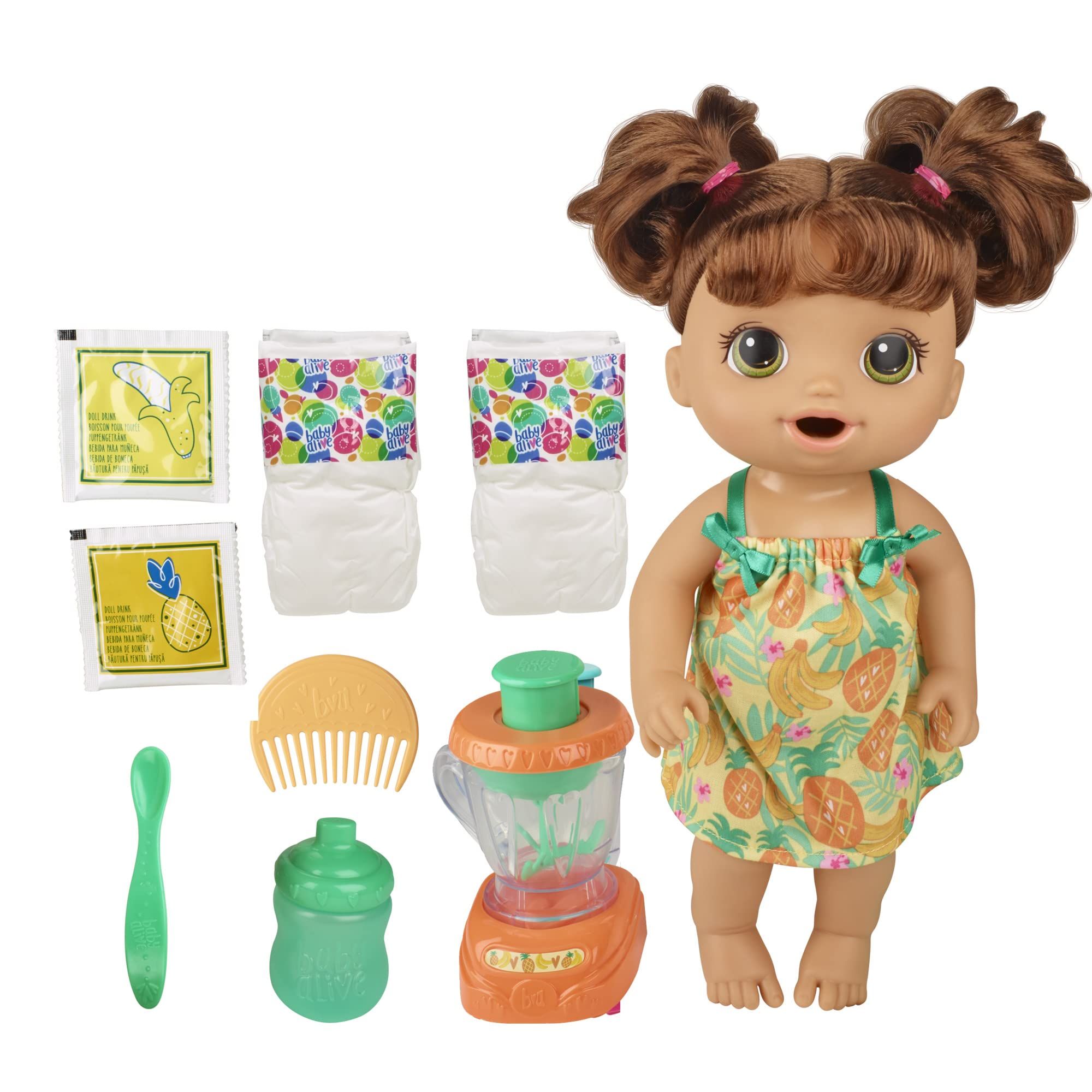 Amazon.com: Baby Alive Magical Mixer Baby Doll Tropical Treat with Blender Accessories, Drinks, Wets, Eats, Brown Hair Toy for Kids Ages 3 and Up : Toys & Games