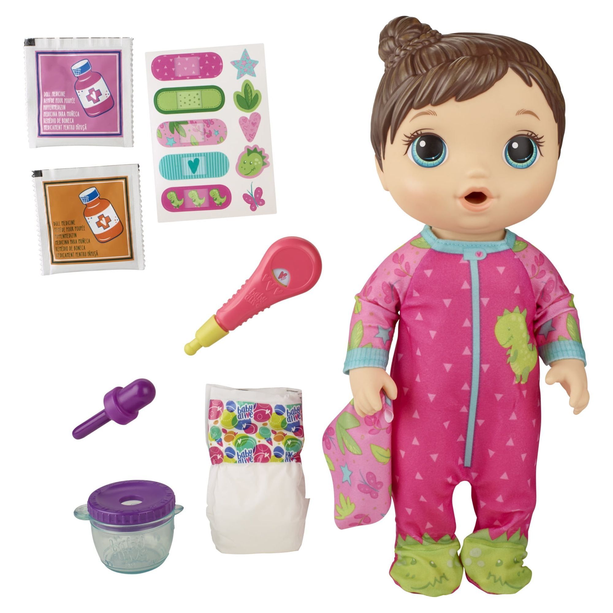 Baby Alive Mix My Medicine Baby Doll, Dinosaur Pajamas, Drinks and Wets,  Doctor Accessories, Toy for Kids Ages 3 and Up