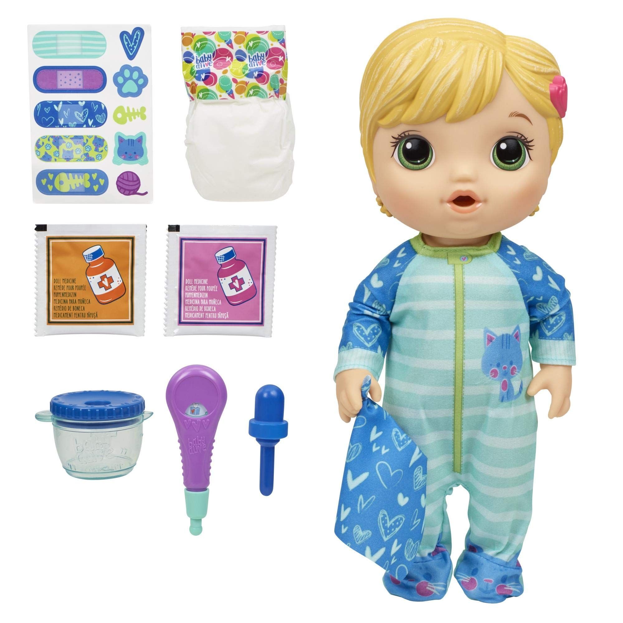 Amazon.com: Baby Alive Mix My Medicine Baby Doll, Kitty-Cat Pajamas, Drinks  and Wets, Doctor Accessories, Blonde Hair Toy for Kids Ages 3 and Up : Toys  & Games
