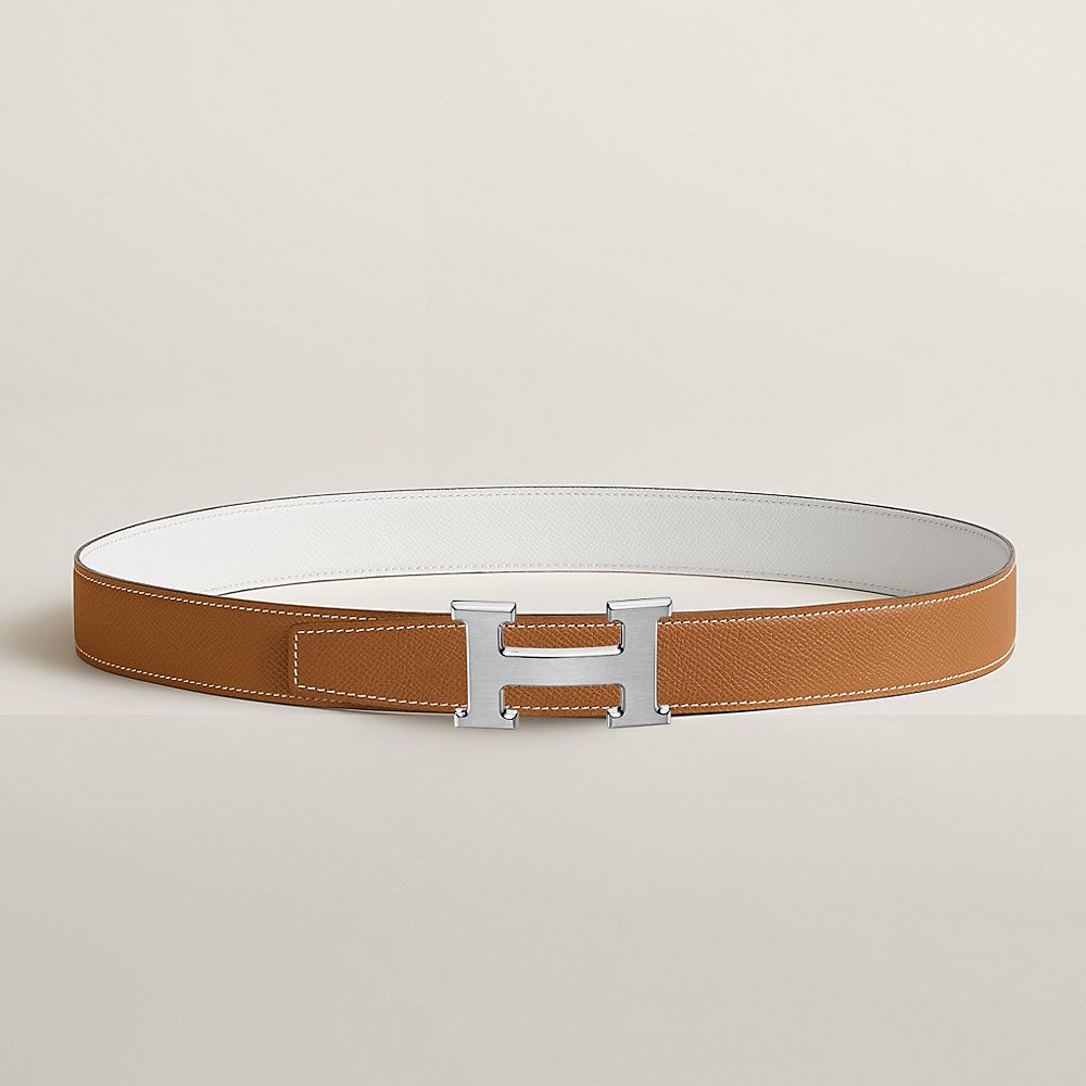 H belt buckle & Reversible leather strap 32 mm - Silver Buckle, Blue/Black Strap