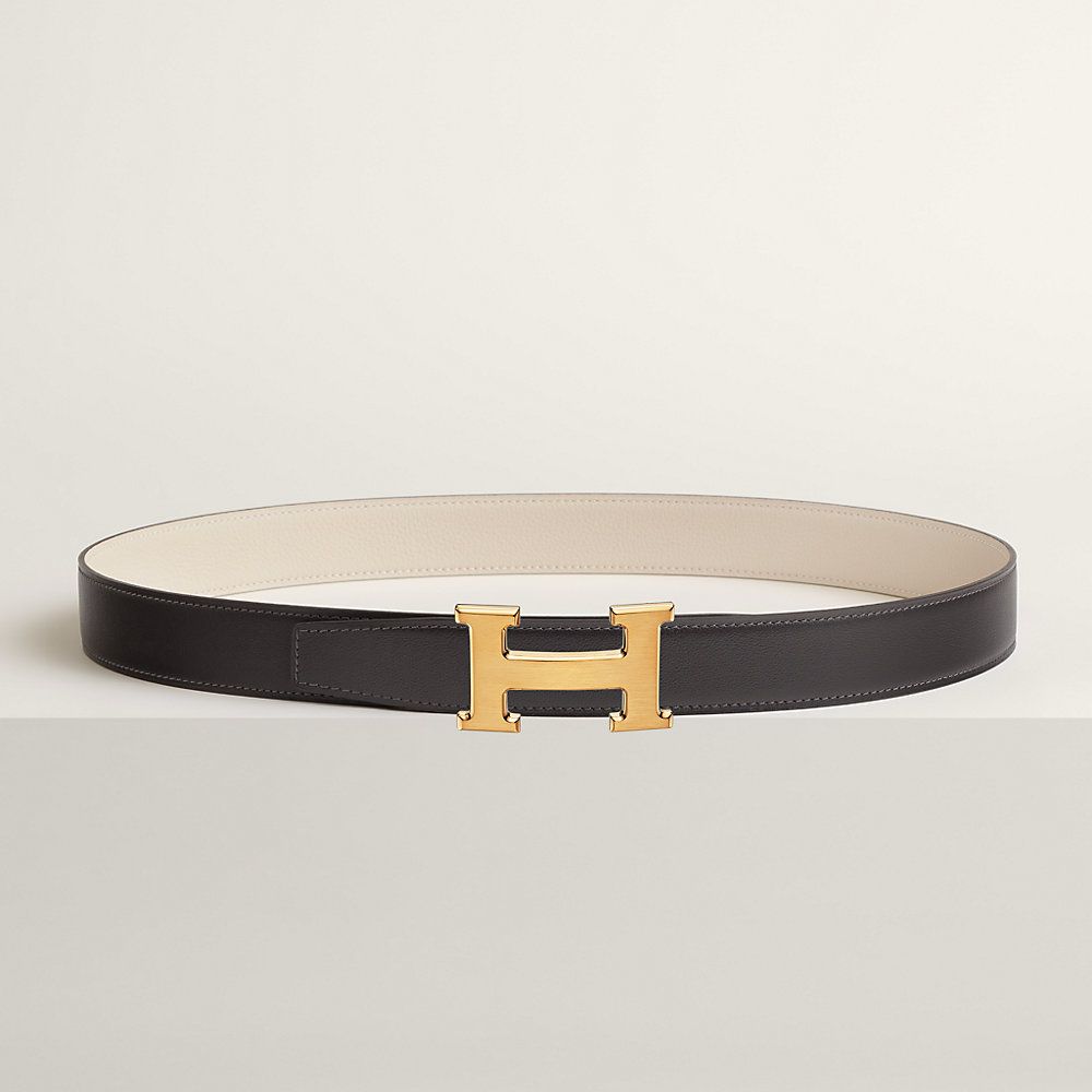 H belt buckle & Reversible leather strap 32 mm - Gold Buckle, Tan Strap