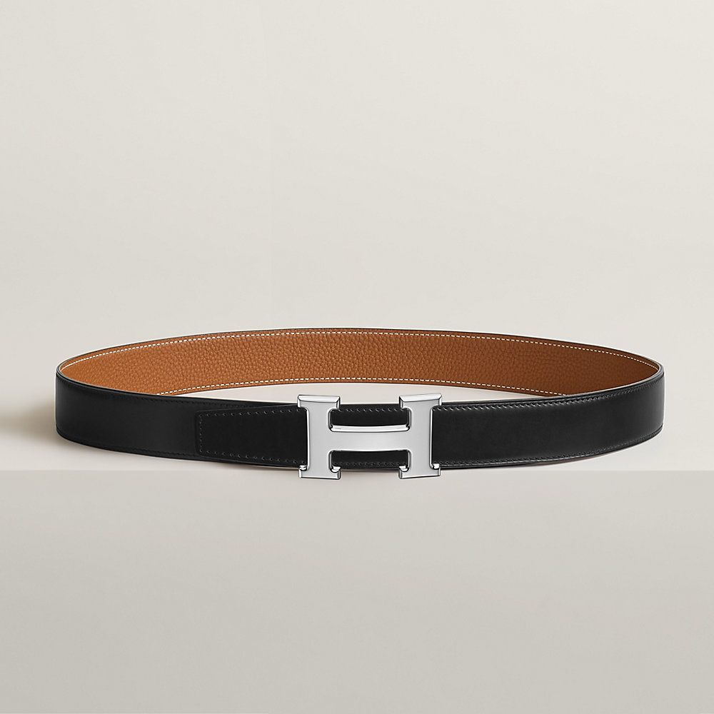 H belt buckle & Reversible leather strap 32 mm - Silver Buckle, Black Strap