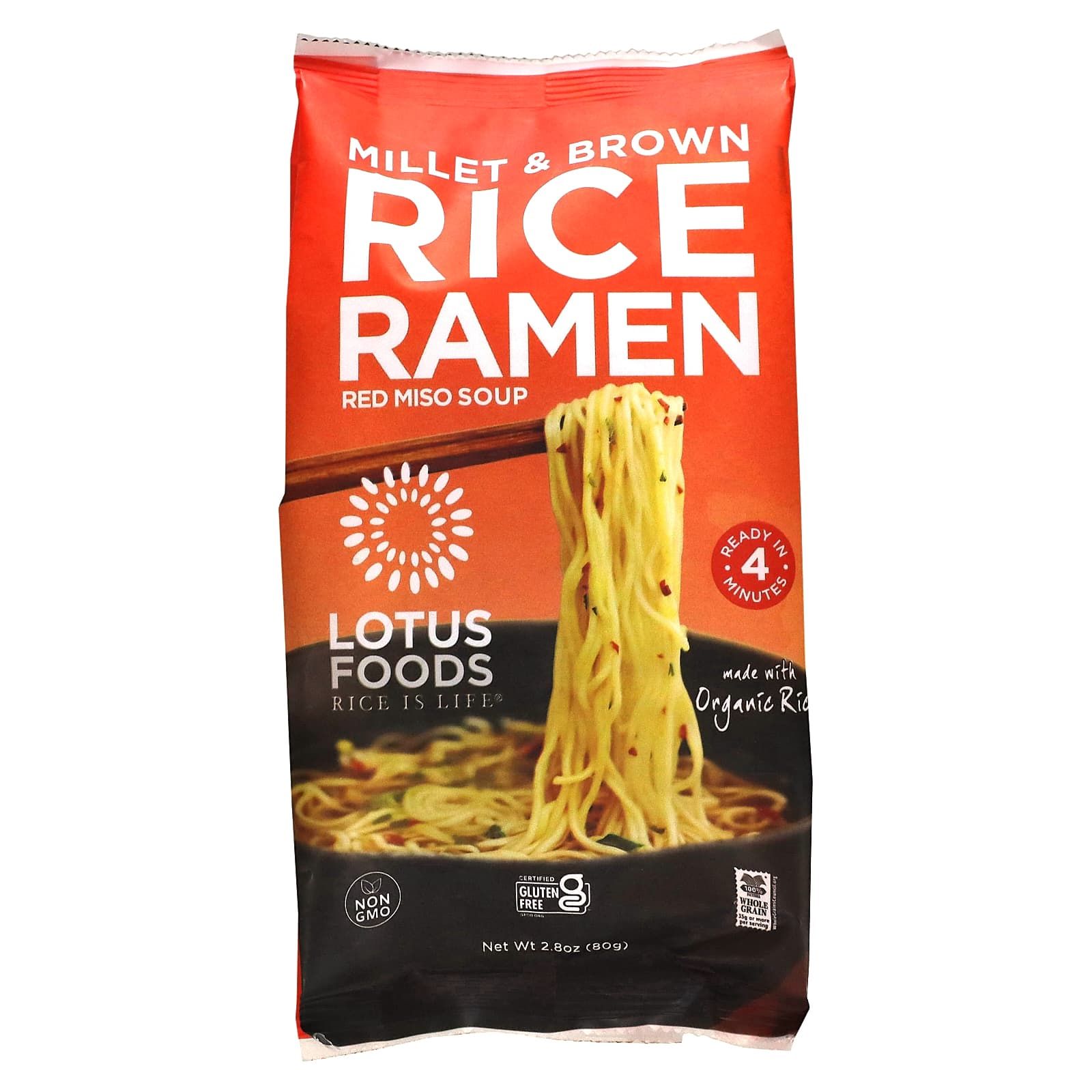 Lotus Foods Millet & Brown Rice Ramen, Red Miso Soup 2.8 oz – iHerb (front of pack)