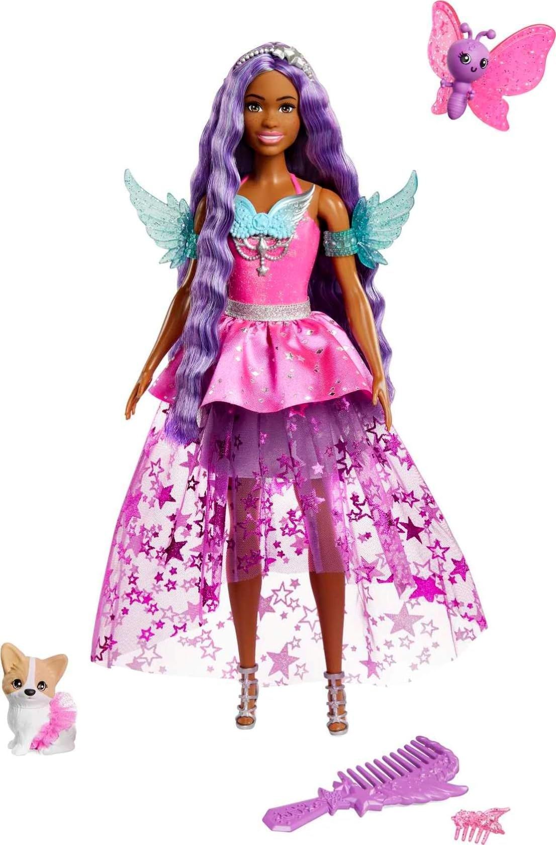 Amazon.com: Barbie A Touch of Magic Fashion Doll, Brooklyn with Wing-Detailed Dress, 7-inch Long Colorful Hair, 2 Fantasy Pets & Accessories : Toys & Games