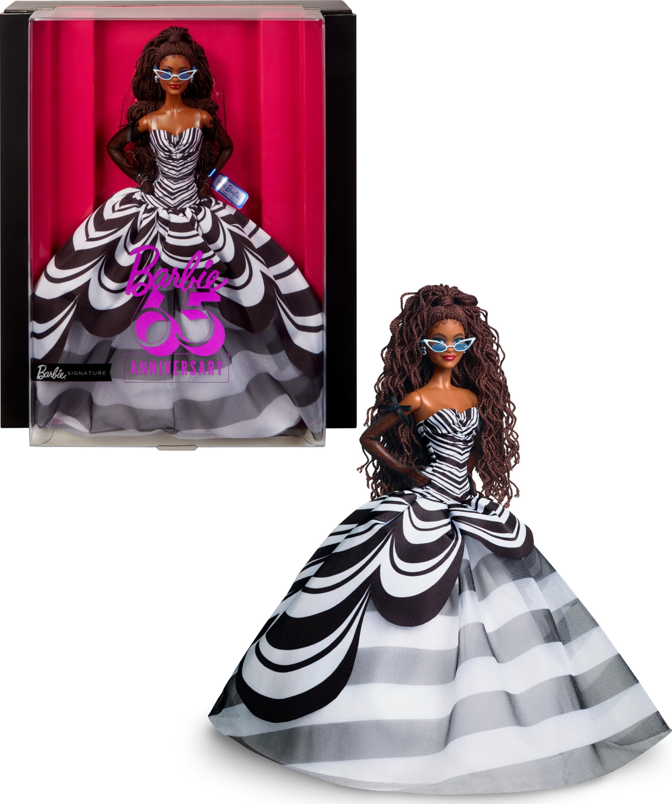 Amazon.com: Barbie Signature Doll, 65th Anniversary Collectible with Brown Braided Hair, Black & White Gown, Sapphire Gem Earrings & Sunglasses : Toys & Games