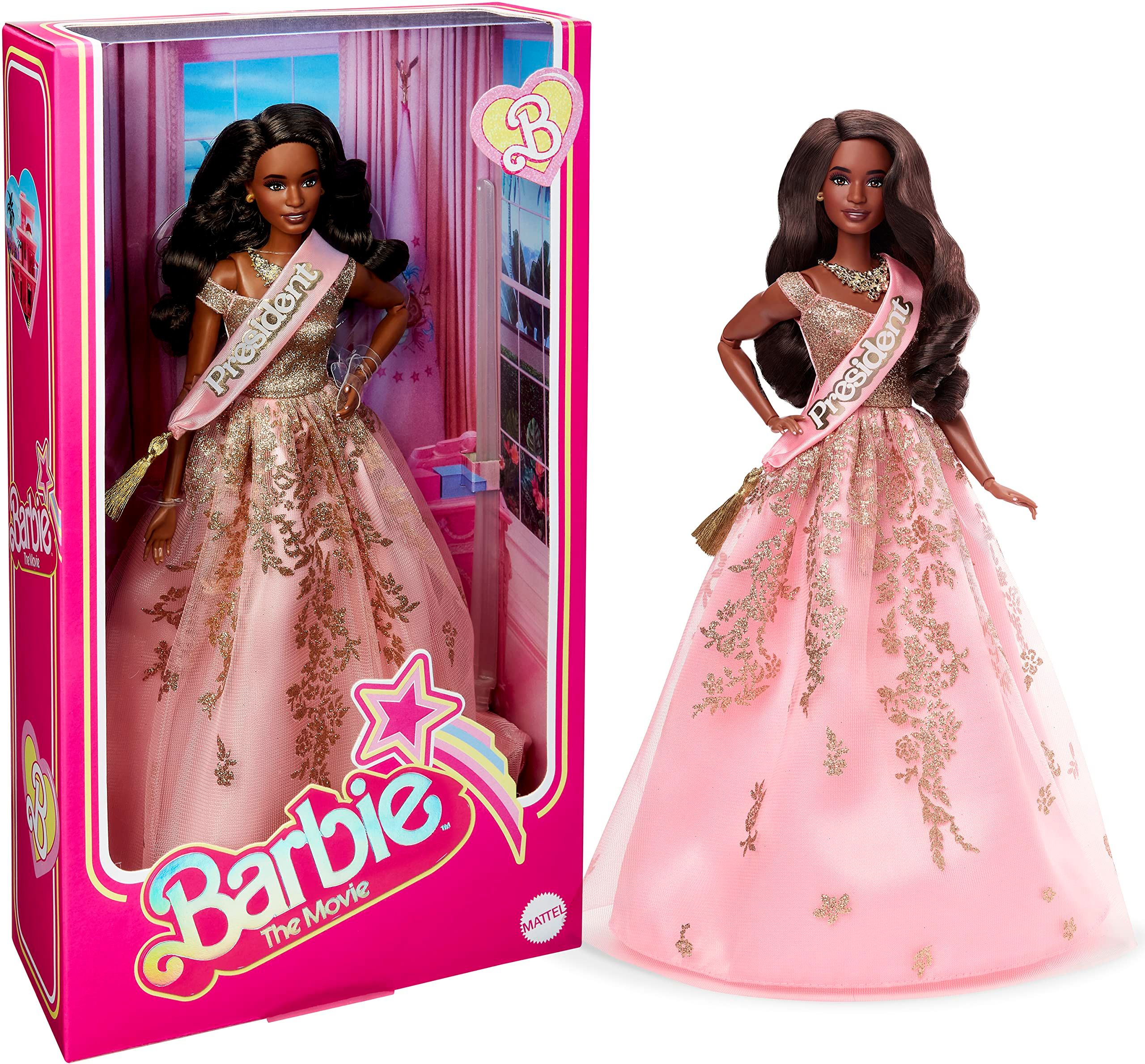 Amazon.com: Barbie The Movie Doll, President Collectible Wearing Shimmery Pink & Gold Dress with Sash : Toys & Games