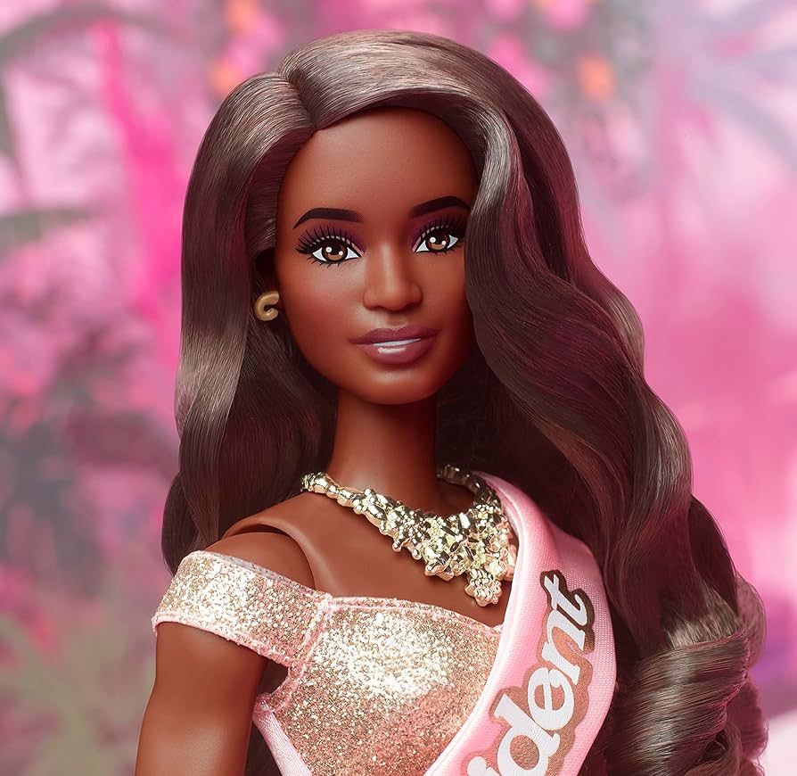 Amazon.com: Barbie The Movie Doll, President Collectible Wearing Shimmery  Pink & Gold Dress with Sash : Toys & Games