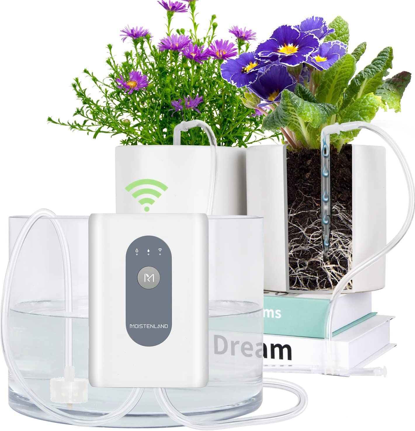 Amazon.com : Moistenland WIFI Automatic Plant Waterer, DIY Automatic Drip Irrigation Kit for 15 Potted Plants, Auto & Manual & Delay Watering Mode/ Water Shortage Alert/Irrigation Records, Remote Control and : Patio, Lawn