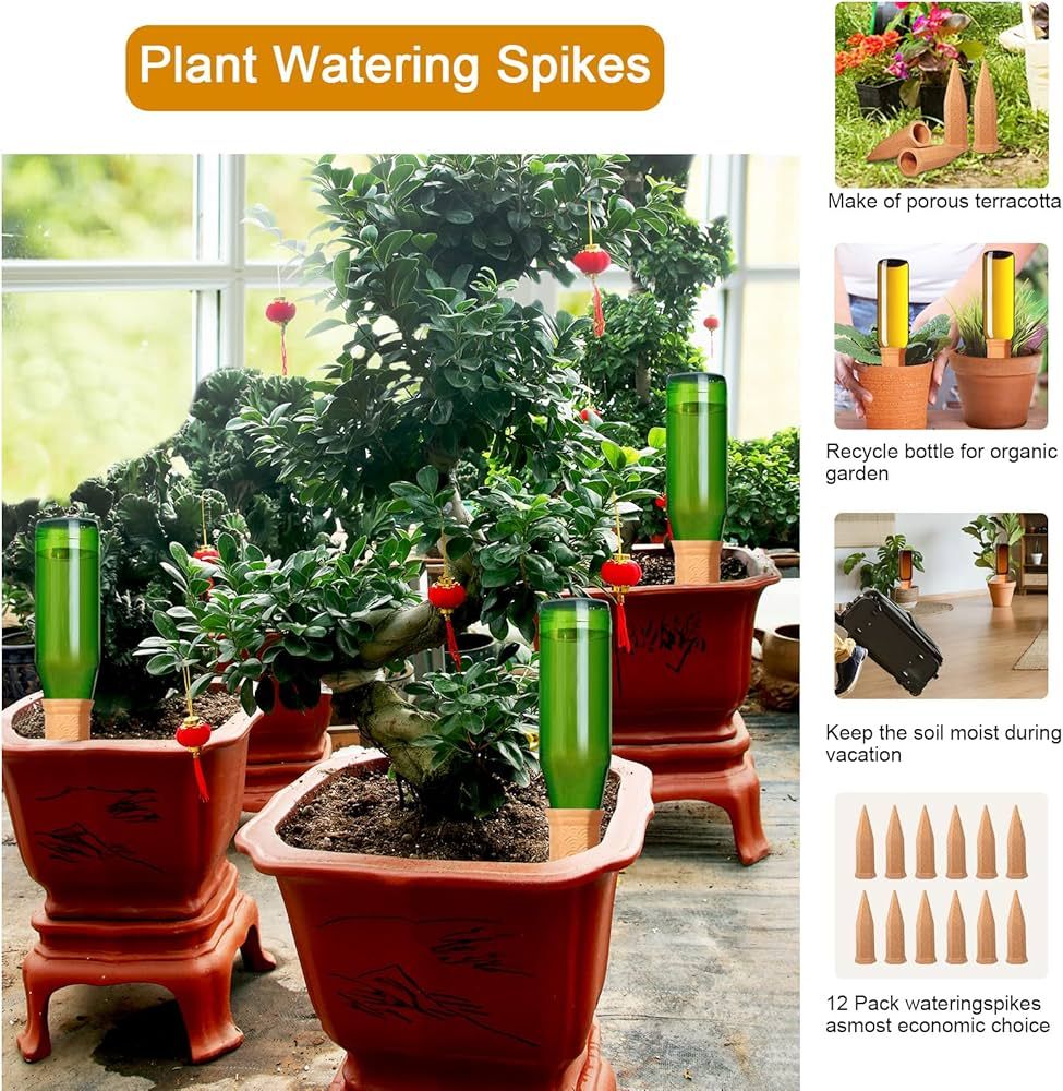 Amazon.com: Plant Watering Spikes 12 Pack,Terracotta Plant Watering Spikes  Wine Bottle Automatic Plant Waterer for Watering Indoor and Outdoor Plants  While on Vacation - Plant Perfect Self-Watering Device : Patio, Lawn &