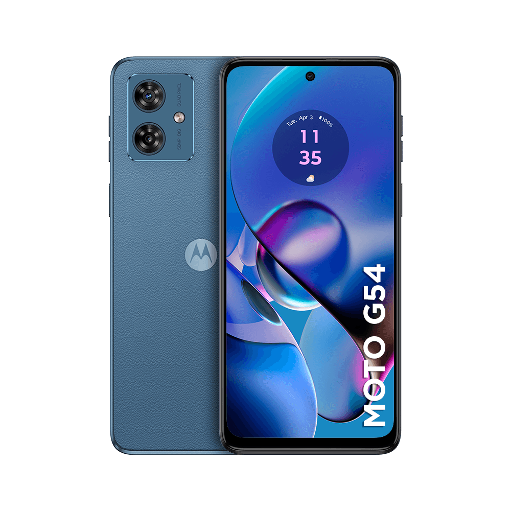 moto g54 5G front & back (Blue vegan leather)