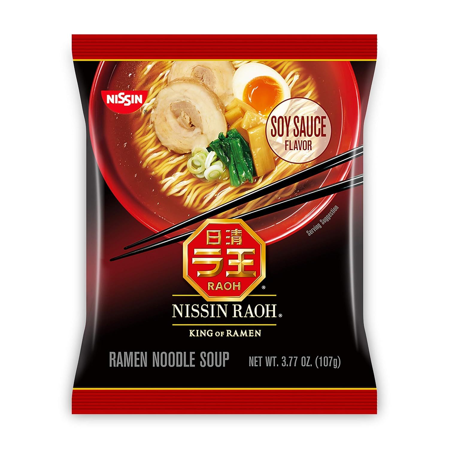 Nissin RAOH Ramen Noodle Soup, Soy Sauce (packaging front)