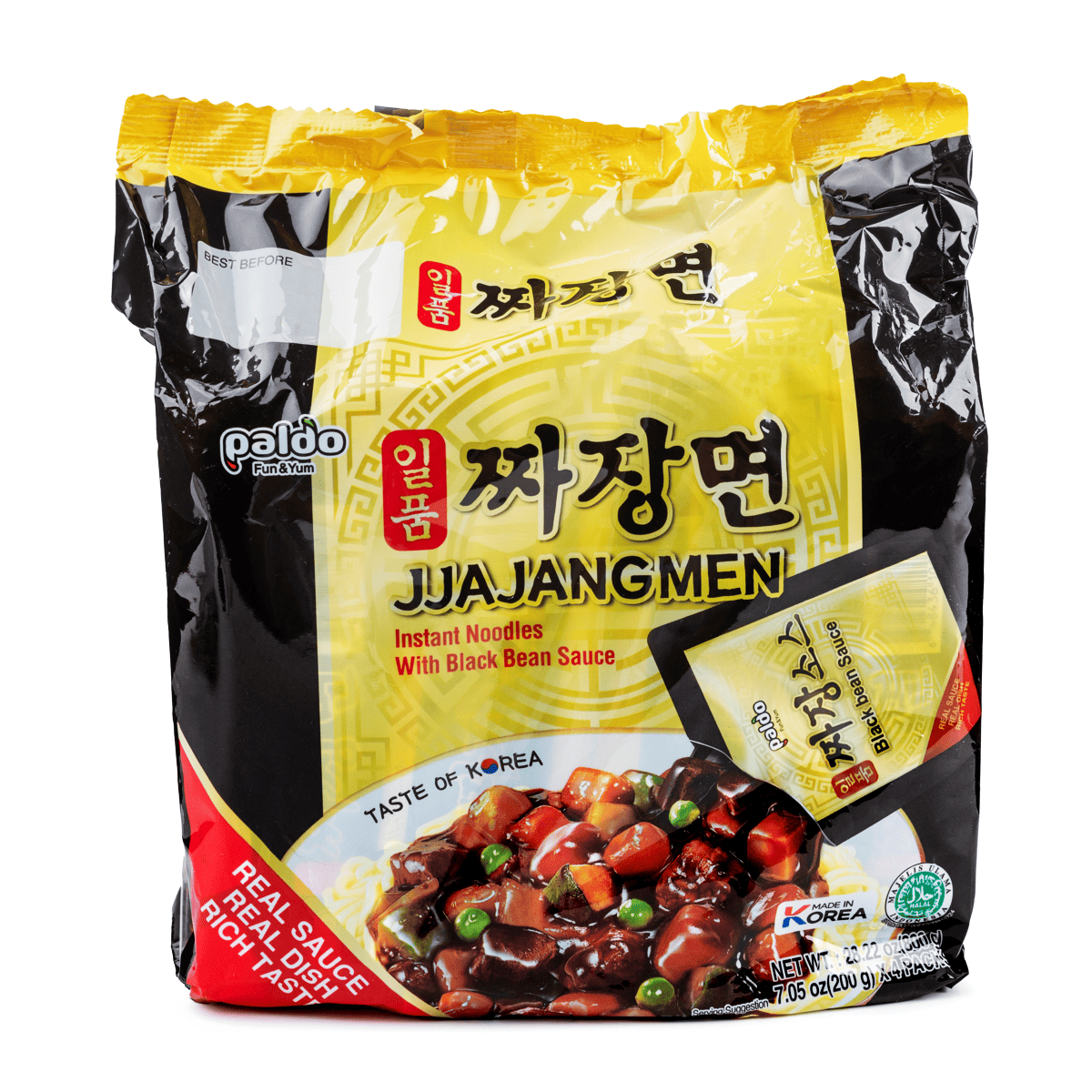 Paldo Jjajangmen Instant Noodle with Black Bean Sauce Family Pack (clear pack shot)