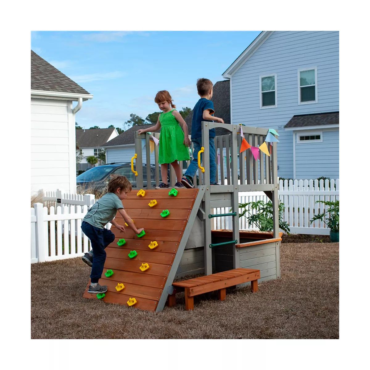 Funphix Lookout Post Outdoor Wooden Playhouse, Buildable Kids Backyard Playset with Climbing Ramp - Funphix