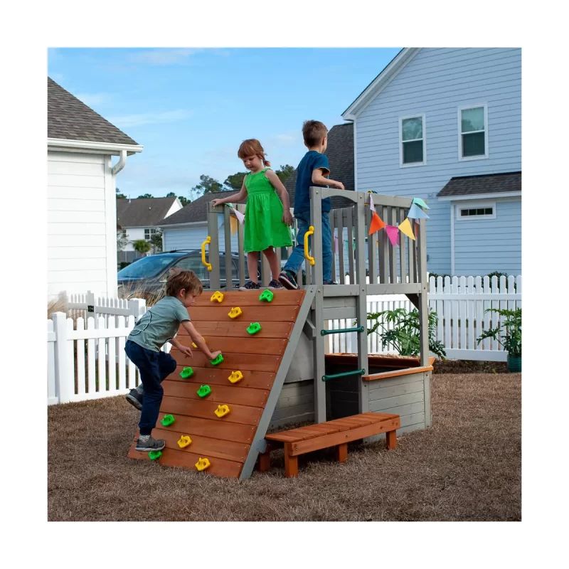 Funphix Lookout Post Outdoor Wooden Playhouse, Buildable Kids Backyard Playset with Climbing Ramp - Funphix