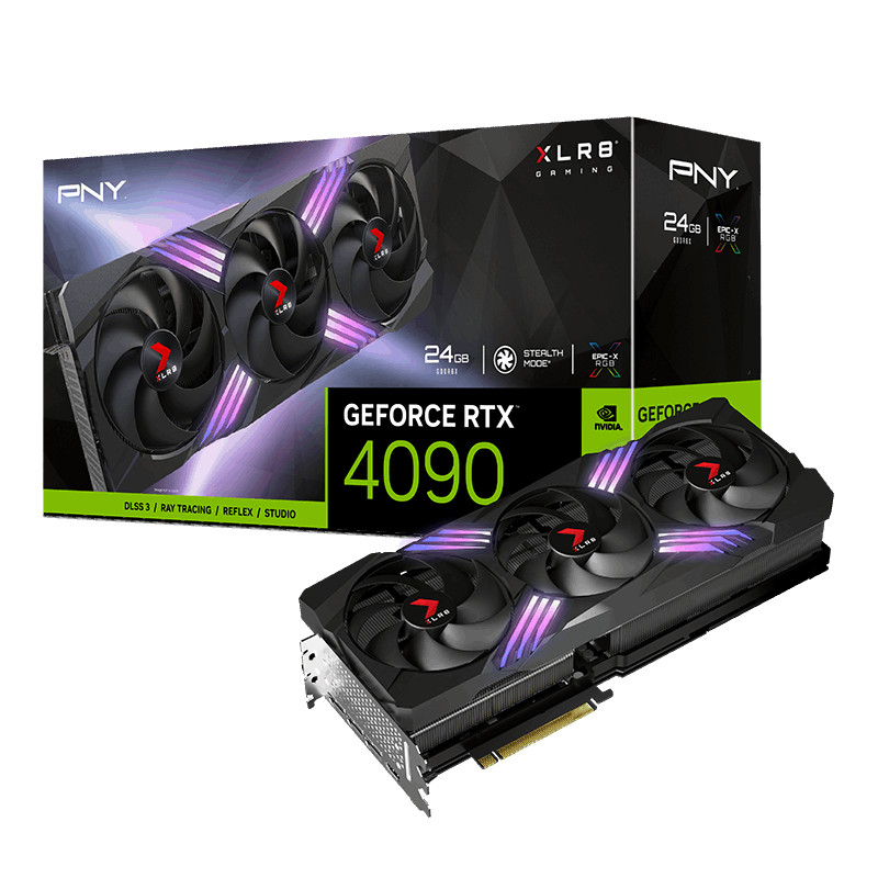GeForce RTX 4090 24GB XLR8 VERTO EPIC-X RGB Triple Fan (hero/angled)