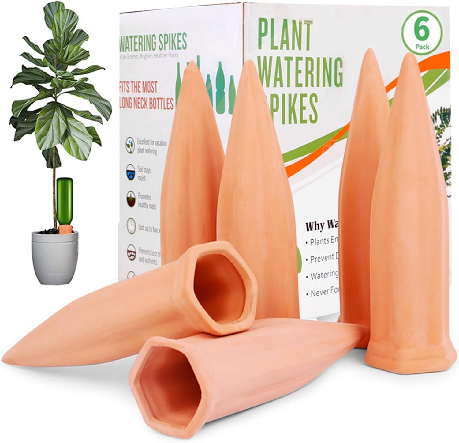 REMIAWY Plant Watering Stakes 6 Pack Automatic Plant Waterers for Vacations, Plant Watering Devices Terracotta Self Watering Spikes for Wine Bottles