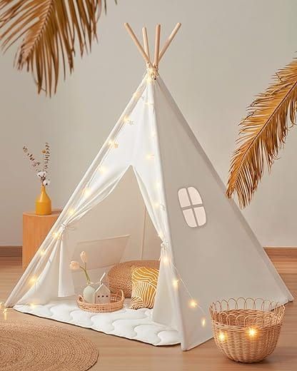 Tiny Land Teepee Tent for Kids - 100% Cotton Play Tent with Padded Mat, Star Lights, and Carry Bag
