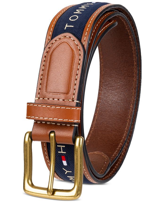Tommy Hilfiger Men's Tri-Color Ribbon Inlay Leather Belt