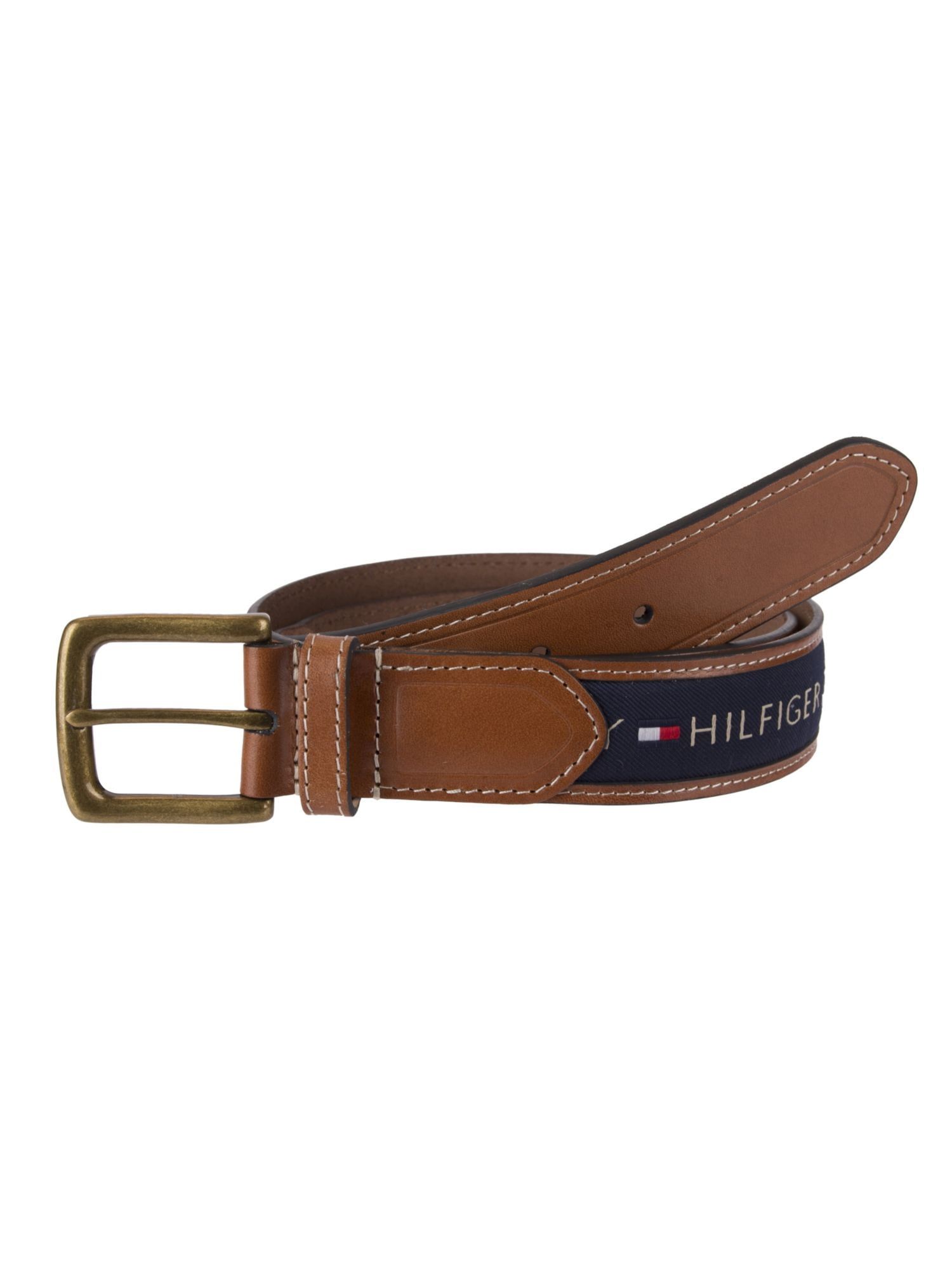 Tommy Hilfiger Men's Brown Ribbon Logo Inlay Leather Casual Belt
