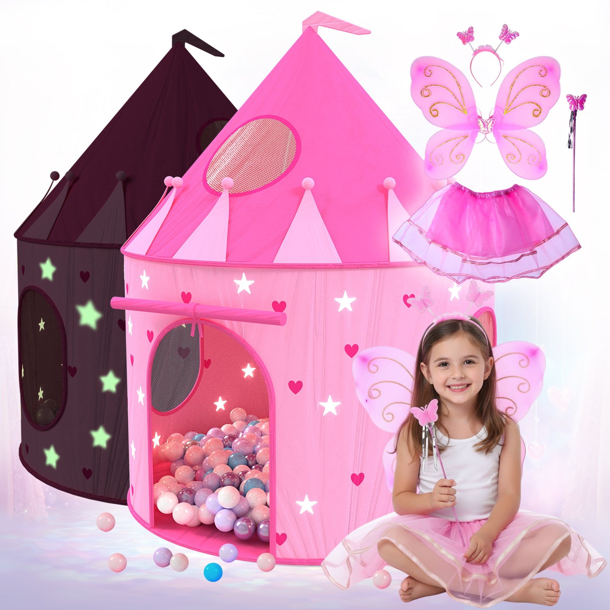 5-Piece Princess Castle Girls Play Tent w/ Glow in The Dark Stars & Butterfly Fairy Dress Up Costume - Childrens Play Tents for Indoor & Outdoor Use