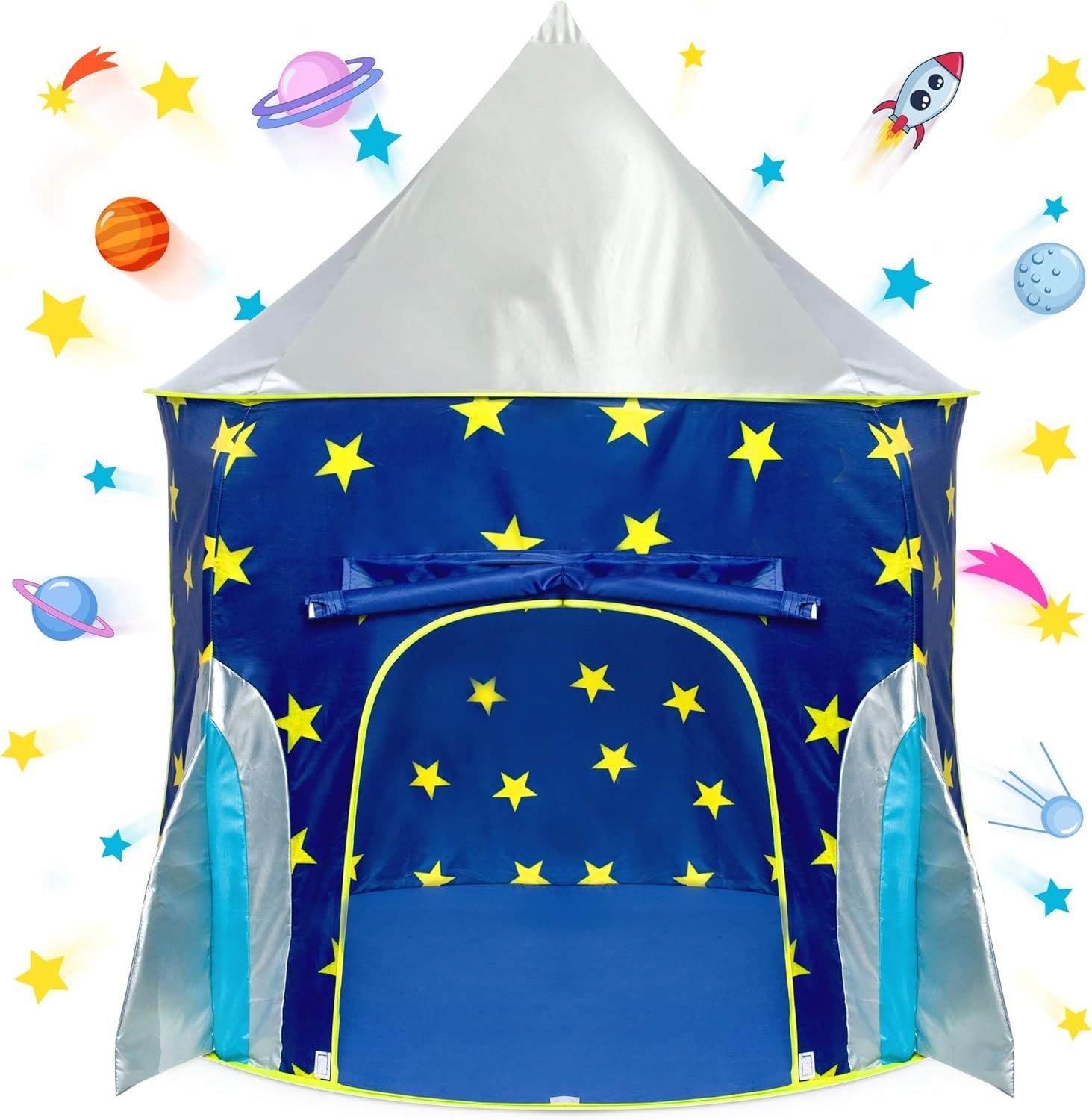 USA Toyz Rocket Ship Pop Up Kids Tent - Spaceship Rocket Indoor Playhouse Tent for Boys and Girls with Included Space Projector Toy and Kids Tent Storage Carry Bag